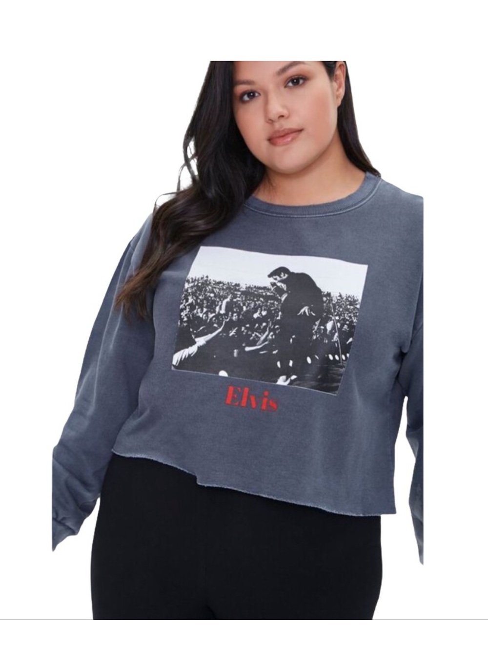 NEW Forever21 Elvis cut off cropped pullover washed grey sweatshirt 0X